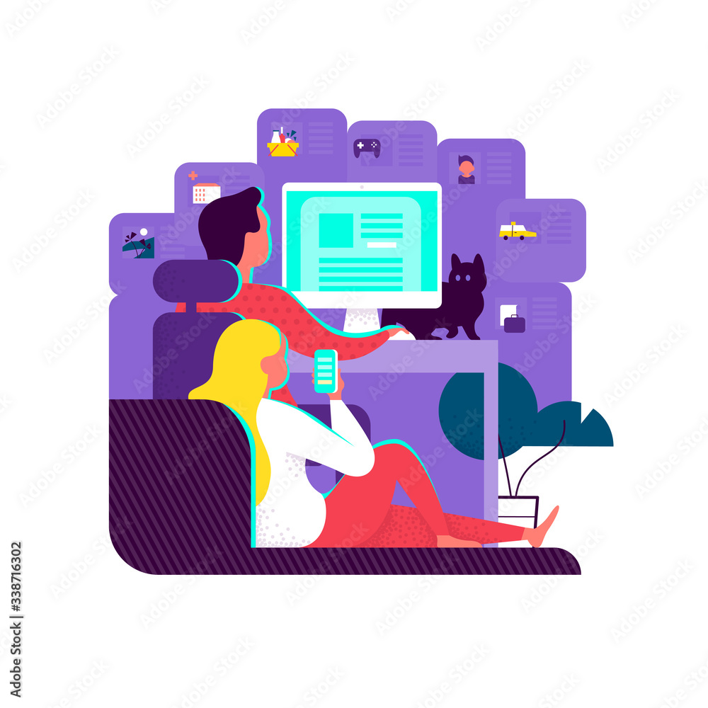 Obraz premium Young people using online services concept. Guy at computer and girl with smartphone order food online, taxi, doctor, watch pics and read blogs. Remote working, home office. Vector flat illustration.