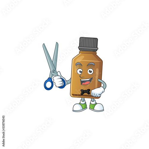 Cute Barber syrup cure bottle cartoon character style with scissor