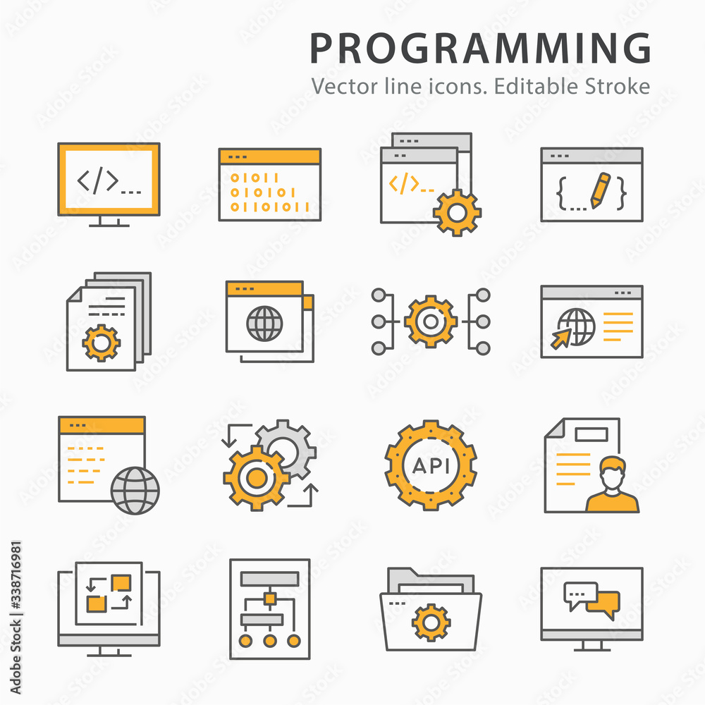 Programming flat line icon set. Vector illustration. Editable stroke.