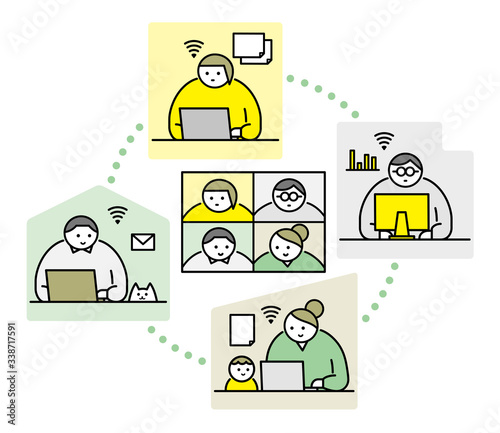 リモートワーク_家_モニター黒線_Remote work,home,vector_BK_Y