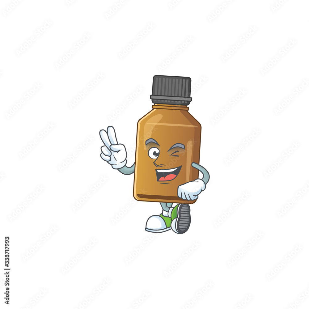 Cheerful syrup cure bottle mascot design with two fingers Cheerful syrup cure bottle mascot design with two fingers