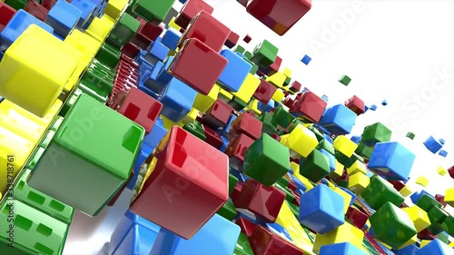 Cubes all colors rainbow fast jumping on white background. 3D-animation of rectangular objects
