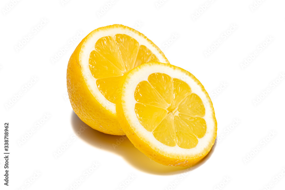 Lemons on white background. Pieces of lemons and whole lemons, with little shadow. Groups of yellow lemons on white Lemons on white background. Pieces of lemons and whole lemons, with little shadow. Groups of yellow lemons on white