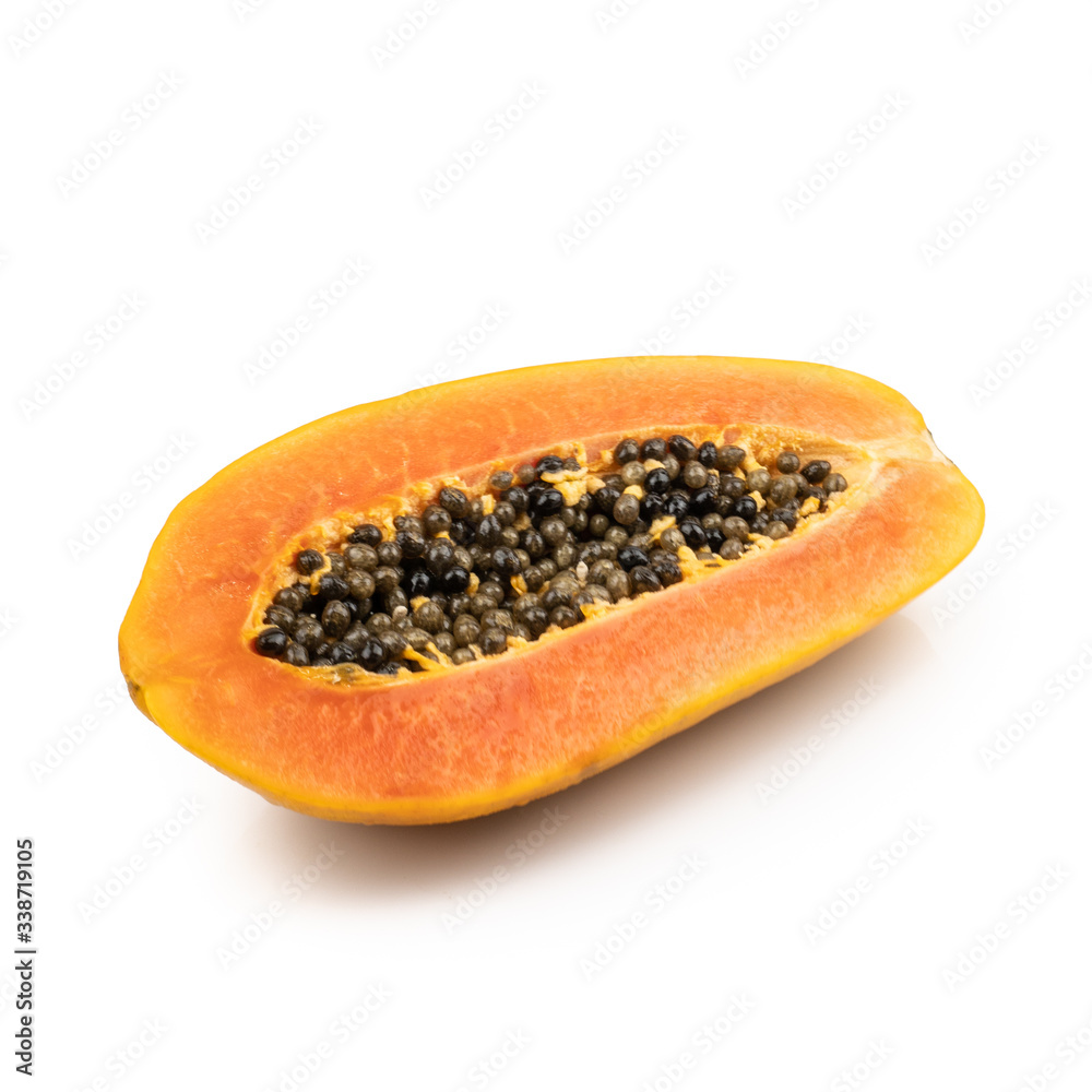 Ripe fresh sweet papaya and half cut with seed (Carica papaya L.) isolated on white background.Healthy fruits to the digestive system.
