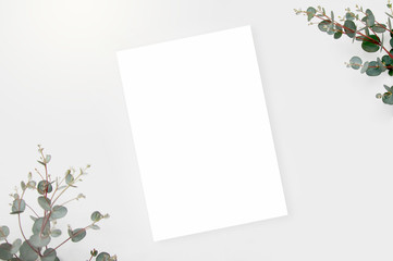 Top view mockup blank card, for greeting, wedding invitation template with eucalyptus leaves on white background.