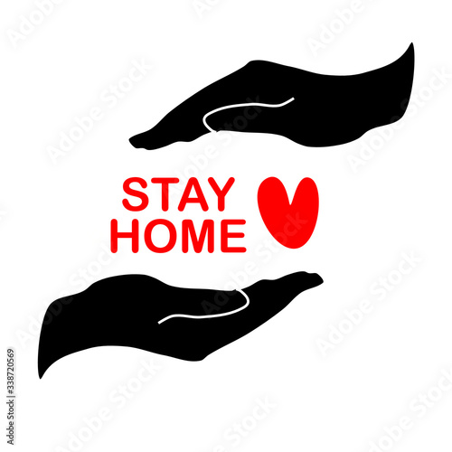 Up and Down shelter hand with redstay home and heart in the middle. Stay at home in pandemic icon and open human hand.