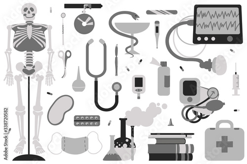 A set of clipart on the topic of medicene and science. Vector. Monochrome colour.