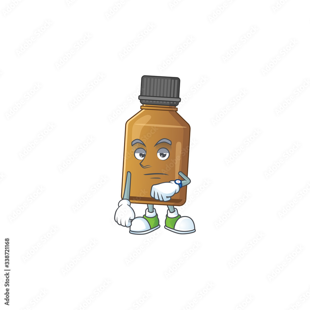 Syrup cure bottle with waiting gesture cartoon mascot design concept