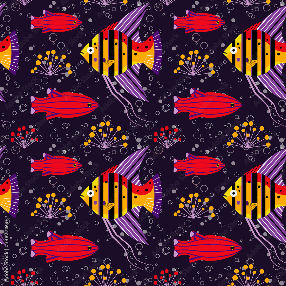 Naklejka premium Flat Colorful Tropical Aquarium Fishes Seamless Pattern