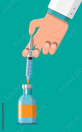 Ampoule and syringe with medicament in hand. Vaccination concept. Injection syringe needles. Medical equipment. Healthcare, hospital and medical diagnostics. Vector illustration in flat style