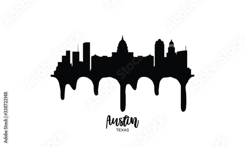 Austin Texas black skyline silhouette vector illustration on white background with dripping ink effect.