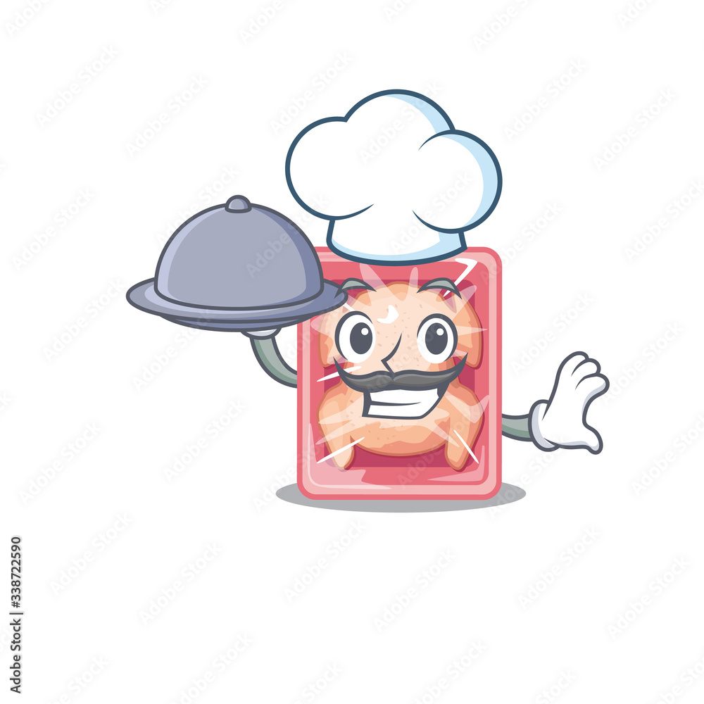 Frozen chicken chef cartoon character serving food on tray Frozen chicken chef cartoon character serving food on tray