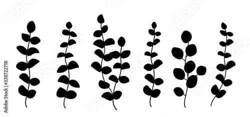 black hand drawn branches with leaves silhouette set