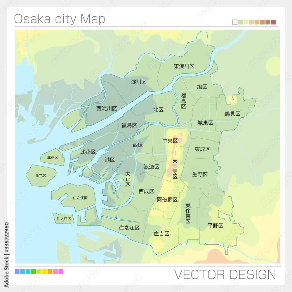 Naklejka premium 大阪市の地図（等高線）