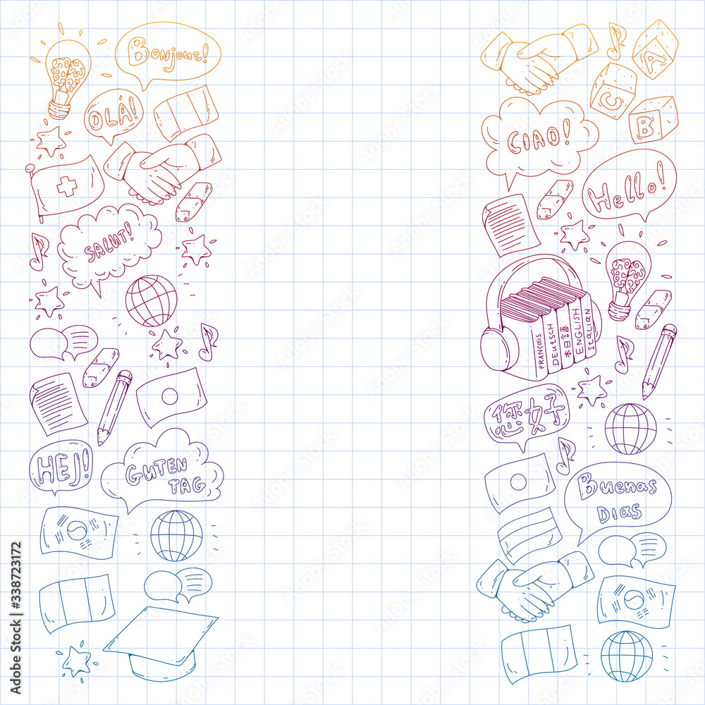 Vector icons. Language learning. Audio course. Spanish, english, italian, french, german, arabic, chinese. Vector icons. Language learning. Audio course. Spanish, english, italian, french, german, arabic, chinese.