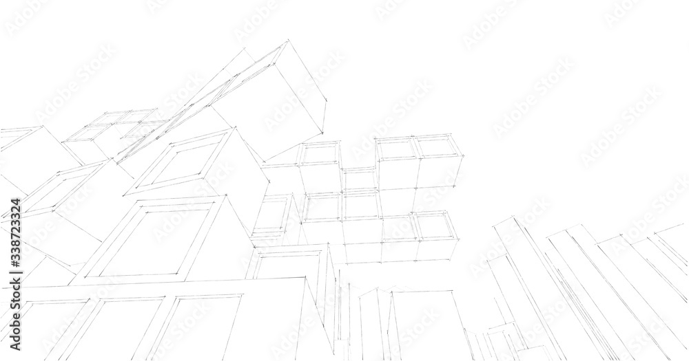 Modern architecture in a beautiful metropolis.Freehand line drawing illustration, 3D illustration.