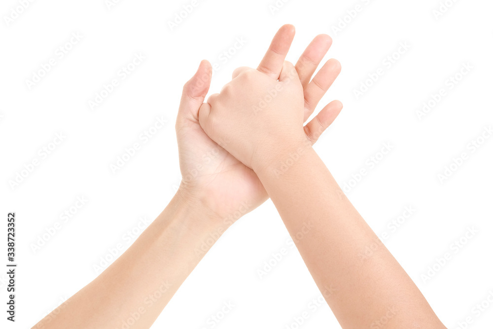 Hands of child holding t hands of mother on white background.