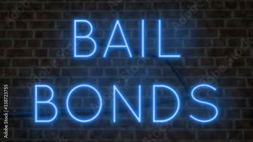 Neon BAIL BONDS sign on a brick wall at night