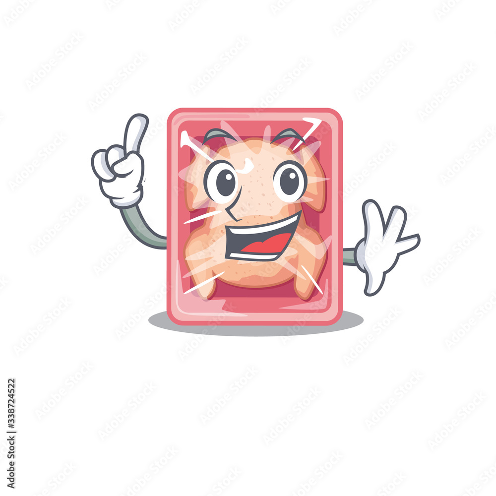 Frozen chicken mascot character design with one finger gesture Frozen chicken mascot character design with one finger gesture