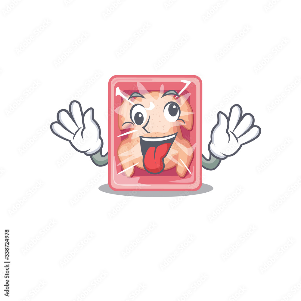 A cartoon design of frozen chicken having a crazy face