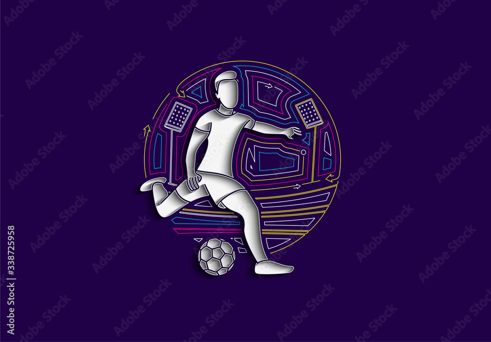 Fototapeta premium Football player kicks the ball, Flat Line art vector illustration.