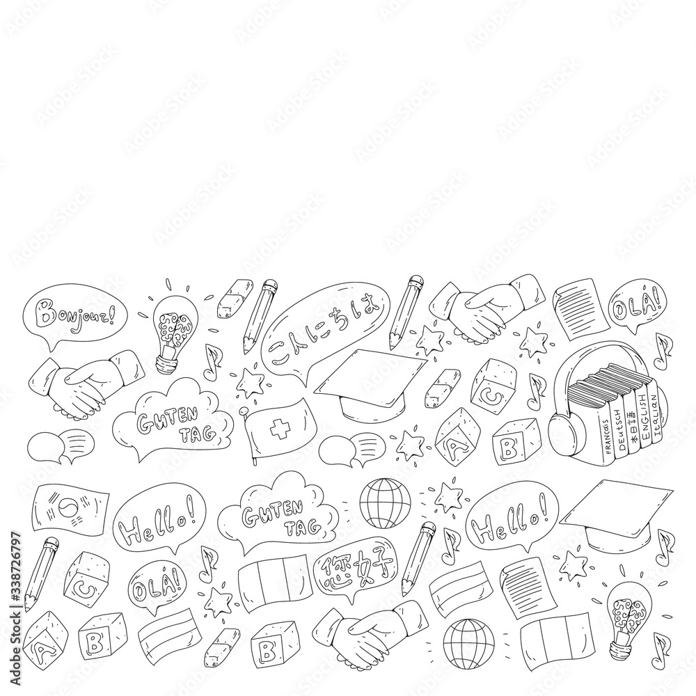 Online language school. Pattern with word HELLO in different languages. HELLO in spanish, arabic, chinese, japanese, french, english, italian. Online language school. Pattern with word HELLO in different languages. HELLO in spanish, arabic, chinese, japanese, french, english, italian.