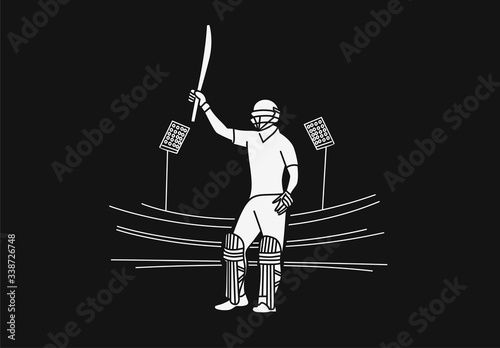 Concept of Batsman playing cricket raises his bat after scoring a full century - championship, Line art design Vector illustration.