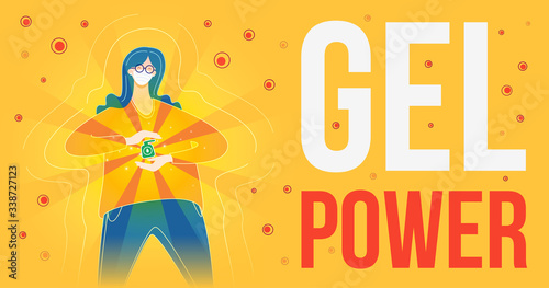 Gel Power. A girl in a mask holds a sanitizer.