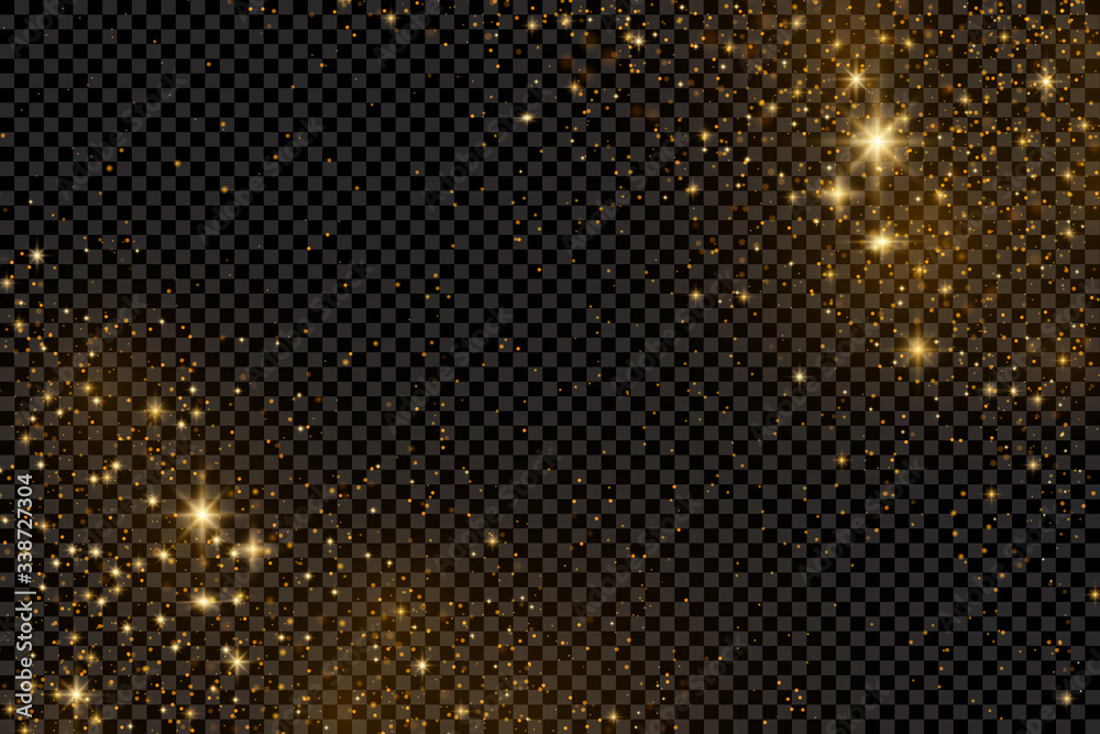 Glitter particles effect. Gold glittering Space star dust trail sparkling particles on transparent background. Vector illustration