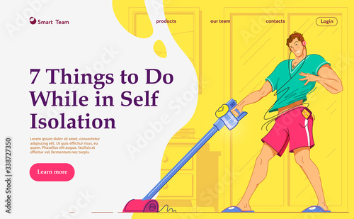 Happy man cleaning home,dancing with vacuum cleaner and having fun, copy space.