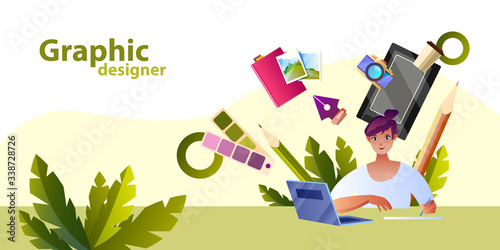 Creative banner with young graphic designer, laptop, tablet, colors, notebook and pencil. Freelance concept in flat style with smiling female character and tropical leaves. 