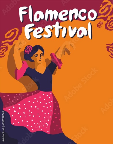 The poster of the flamenco festival with dancer in a dress in peas on a yellow background is hand-painted for poster, invitation or banner for the site. Vector illustration