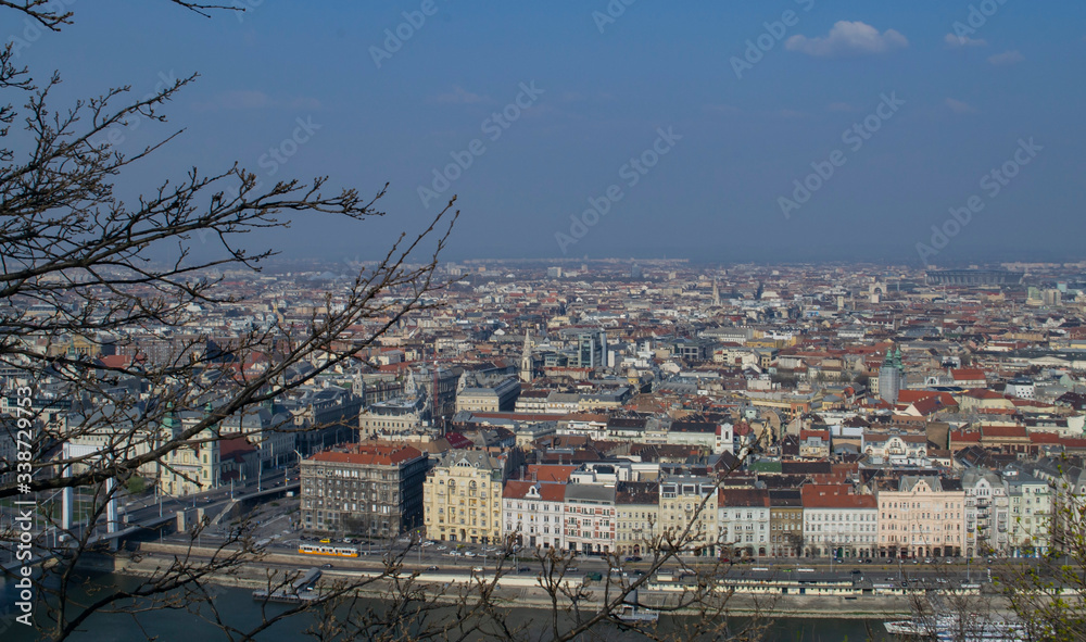 View of the city of Budapest from a high hill.