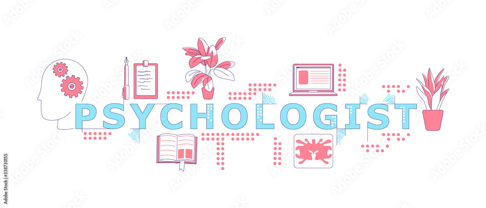 Fototapeta premium Psychologist word concepts word concepts thin line vector banner. Psychotherapy and psychoanalysis. Isolated typography with icons. Psychiatrist items creative illustration on white