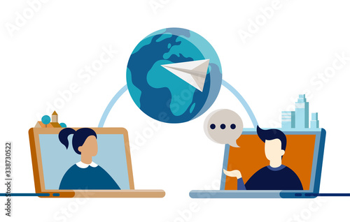 Flat vector illustration of two people from other sides of world talking on video chat - social media, long distance relationship, online network