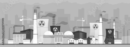 Air polluting factory flat color vector illustration. Dangerous power plant 2D cartoon landscape with cityscape on background. Industrial energy station fuming toxic waste. Hazardous city smog problem