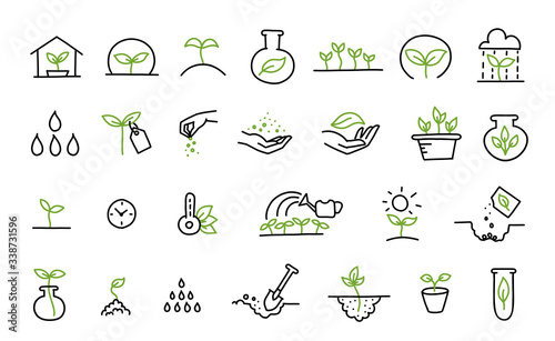 Set of growing seedlings icons. Plant shoots. Agriculture technology. Vector line hand-drawn sketch. photo