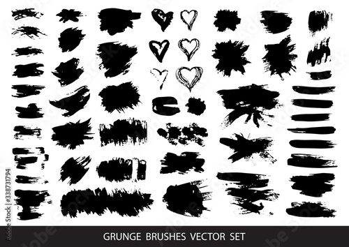 Set of black paint, ink brush strokes, brushes, lines. Dirty artistic design elements, boxes, frames for text. Vector illustration.