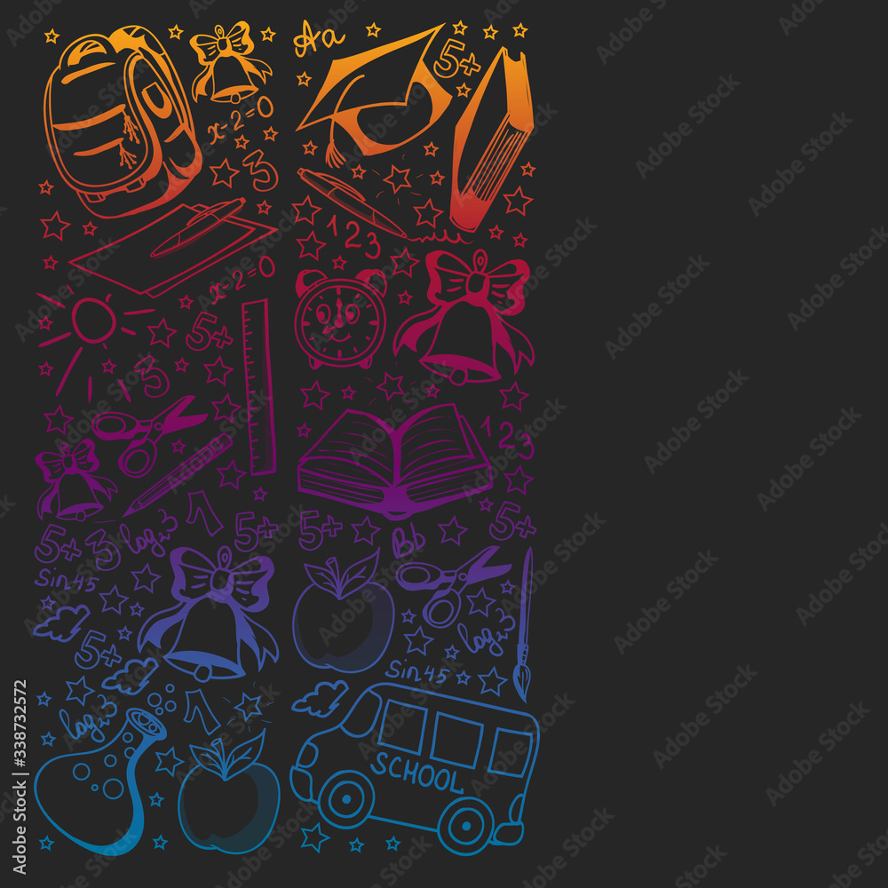 School pattern. Online education. Vector doodle style icons. Mathematis, astronomy, geography, biology, physics.