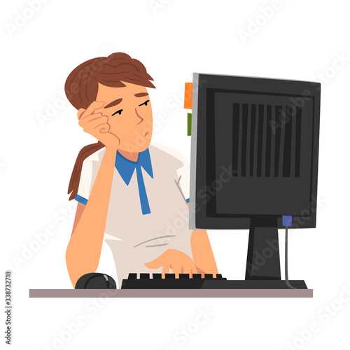 Bored Man Working with Computer, Lazy Male Employee Procrastinating at Workplace, Unmotivated or Unproductive Manager Character Vector Illustration