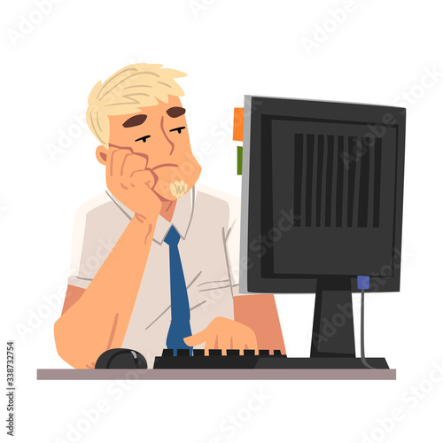 Bored Businessman Employee Man Working with Computer, Unmotivated or Unproductive Manager Character Vector Illustration