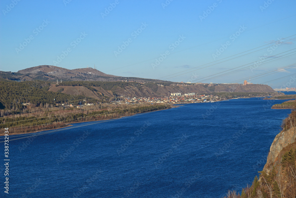 View of the Yenisei River and Krasnoyarsk city from the viewpoint deck on Sliznevsky cliff