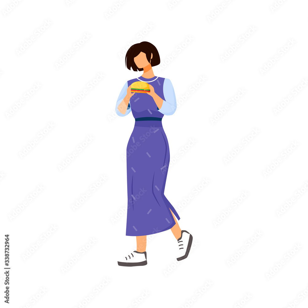 Woman with sandwich, girl eating fast food flat color vector faceless character. Takeaway, burger. Restaurant food buyer isolated cartoon illustration for web graphic design and animation Woman with sandwich, girl eating fast food flat color vector faceless character. Takeaway, burger. Restaurant food buyer isolated cartoon illustration for web graphic design and animation