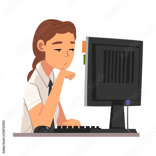 Bored Young Woman Working with Computer, Lazy Female Employee Procrastinating at Workplace, Unproductive Office Worker Character Vector Illustration