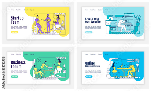 Business coworking landing page flat silhouette vector templates set. Startup team homepage layouts. Online courses one page website interface with cartoon outline characters. Web banner, webpage