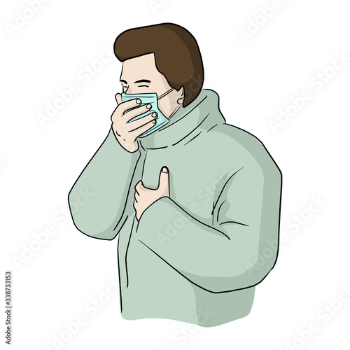 Male patient wearing surgical mask coughing vector illustration sketch doodle hand drawn isolated on white background