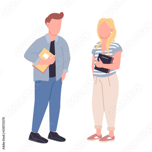 High school pupils flat color vector faceless characters set. Girl and boy, classmates with books isolated cartoon illustrations on white background. Freshman year students, college lifestyle