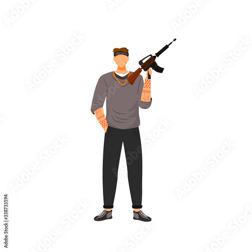 Armed gangster flat color vector faceless character. Young tattooed bandit holding assault rifle isolated cartoon illustration for web graphic design and animation. Young gang member with firearm