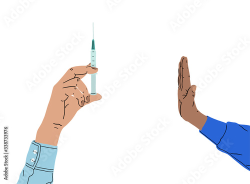 Hand holds a syringe. Refusal of medical coronavirus vaccines or drugs. Stop Injection. The anti-vaccination protest, man hand refusing preventive medicine. 