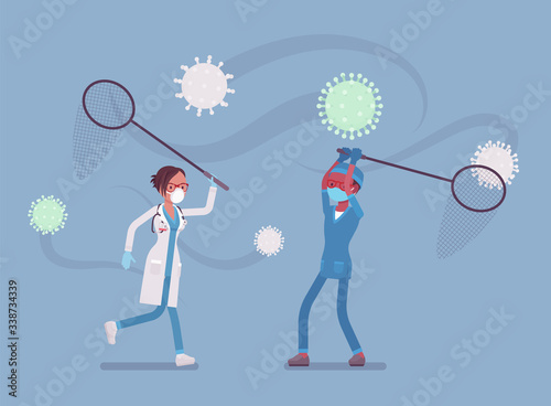 Doctors, health care workers catching virus with a butterfly net. Physicians, nurses, medical staff struggling to protect people and prevent spread of disease. Vector flat style cartoon illustration